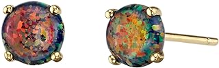 Peora Solid 14K Yellow Gold Created Fire Black Opal Stud Earrings for Women, Classic Solitaire Round Shape, 6mm, 1 Carat total, Hypoallergenic, Friction Back