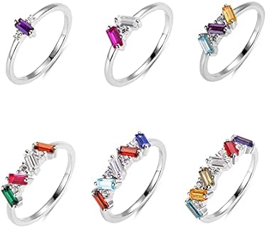 AILIN Custom Rectangular Birthstone Rings For Women 925 Sterling Silver Cubic Zirconia Stackable Statement Rings Personalized 1-6 Stones Anniversary Rings For Mom Family Gifts For Grandmother Mother