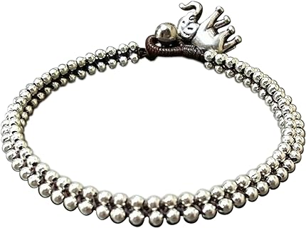 Adult Silver Elephant Bead Anklet by Infinityee888 in Bohemian Style with Woven Wax Cord Design