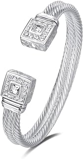Double Cable Wire Bangle Bracelet With Cubic Zirconia for Women, Antique Square Design, Silver-plated, No Clasp - Perfect Elegant Gift for Christmas