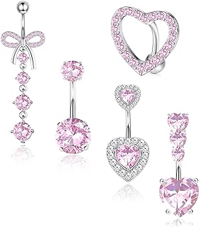 FIASASO 5Pcs 14G Pink Belly Button Ring set for Women Cute Pink Heart Bow Dangle Belly Rings Surgical Stainless Steel Belly Button Piercing Dangly Navel Ring Belly Button Jewelry Navel Belly Piercing Silver