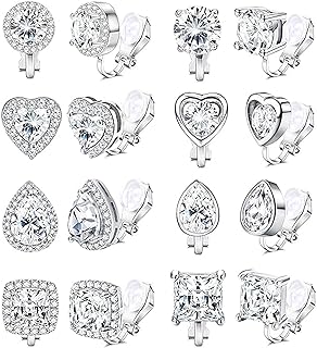 FIBO STEEL 8 Pairs Clip on Earrings for Women Cubic Zirconia Clip Earrings for Non Pierced Earrings Sparkling Halo Earrings