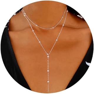 Lariat Silver Necklace for Women, Dainty 14k Silver Chain Layered Beaded Drop Necklaces for Women Trendy Fashion Simple Long Beaded Necklaces Thin Minimalist Silver Jewelry Gifts for Women Girls