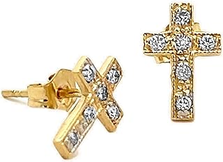Solid 14K Yellow Gold Diamond Cross Earrings, 0.12 CT Natural Diamonds Fine Religious Jewelry Gifts for Her