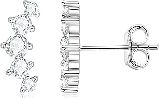 Sterling Silver Moissanite Curved Stud Earrings for Women | Climber Sunburst Design | Hypoallergenic for Sensitive Ears | Anniversary Diamond Jewelry Gift for Girlfriend and Mom