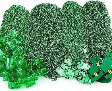 300 Pieces St. Patricks Day Beads Necklaces Bulk St Patricks Day Accessories Shamrock Hat Shot Glass Beads Necklace Assortment for Irish Mardi Gras Party Favor Costume Jewelry Decorations, 4 Styles