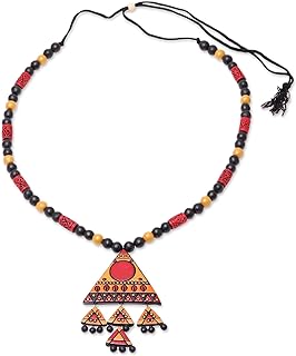 NOVICA Handmade Ceramic Bead Necklace with Ball Chain - India-made, Geometric Design, Red, Yellow, Black Triangle Painted on Wood - Ideal for Art Lovers