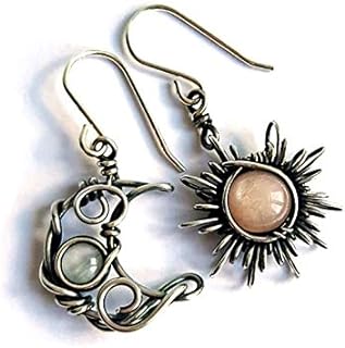 Boho Opal Sun and Moon Drop Dangle Earrings Moonstone Natural Stone Hook Bohemian for Women Girls Asymmetrical Antiqued Silver Celestial Jewelry-Opal Red