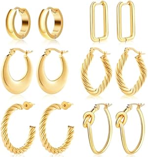 Gold Hoop Earrings - 6 Pairs 18K Gold Earrings for Women, Gold Earrings, Gifts for Women, Chunky Gold Earrings
