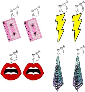 80s Style Retro Neon Clip-On Earrings, Acrylic and Zinc Alloy, No Gemstone, 4-Pair Set for Women and Girls, Cassette, Lip Mount, Lightning, and Mesh Grid Tassel Designs