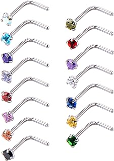 15 Pieces 20 Gauge L Shaped Nose Ring Curved Nose Stud Bend Bar Piercing Jewellery, 15 Colors