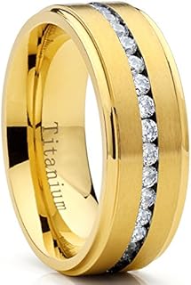 Comfort-Fit Titanium Wedding Band for Men with Channel-Set Cubic Zirconia - GoldTone Eternity Design