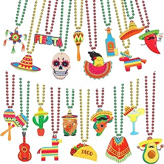 RattanView Bead Charm Necklace in Resilient Felt and Resin Chain, Mexico-themed Carnivals and Cinco De Mayo Party Jewelry for Adults, Vibrant Pinatas and Sombrero Design