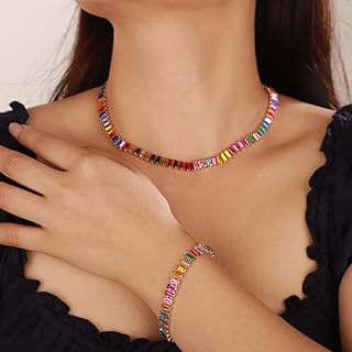 Sparkling Rhinestone Choker Necklace Adjustable Dainty Colorful Tennis Chain Necklace Jewelry for Women Girls