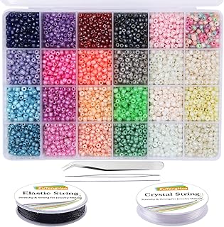 EuTengHao Kit de Fabrication de Bijoux avec 6000 Perles de Rocaille en Verre Ronde de 4mm, 24 Couleurs et Fils Inclus. Parfait pour Créations DIY, Cadeaux et Décoration Maison