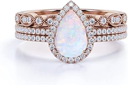 PVN JEWELS Pear Cut Created Opal & CZ Halo Engagement Trio Wedding Bridal Ring Set in 14K Rose Gold Over Sterling Silver
