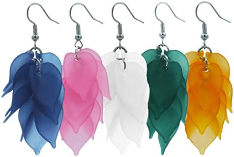 5 pairs silver flower colorful drop bohemian elegant dangle lightweight hypoallergenic half hoop white blue pink orange gold green long cute resin earring set pack boho kawaii flora aesthetic jewelry plastic large statement earrings fashion multipack for women teen girl