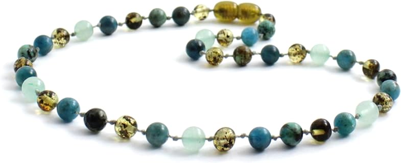 Baltic Amber & Aventurine Teething Bead Necklace on a Brass Cord Chain with Box Clasp for Chic Women – Green/African Turquoise & Apatite Design