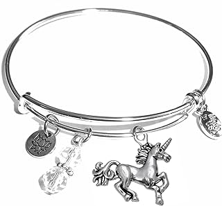 Hidden Hollow Beads Women's Stainless Steel Message Charm Expandable Wire Bangle Bracelet, Very Popular and Stylish, Arrives in a Gift Bag. (Unicorn)