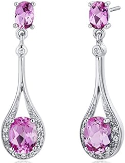 Peora Created Pink Sapphire Dangle Earrings 925 Sterling Silver, Halo Drop Oval Shape, 5 Carats total, Friction Backs