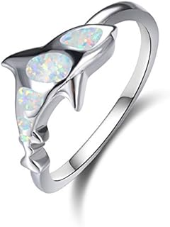 Title: 14K White Gold Plated Shark Ring with Opal Gem for Men, Women and Teens - Size 6 Jewelry