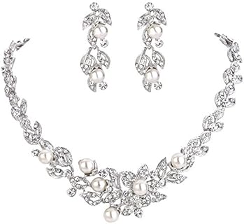 BriLove Women's Wedding Bridal Crystal Cream Simulated Pearl Cluster Leaf Vine Hibiscus Flower Collar Necklace Dangle Earrings Set