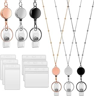 Retractable Badge Reel Lanyard with ID Holder,3 Pcs Beaded Badge Lanyard with 6 Waterproof Name Badge Holder Stainless Steel Necklace Lanyards for Women (Rose Gold,Sliver,Gold)