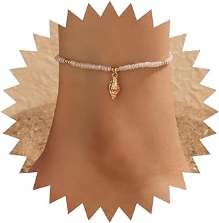 Boho White Seed Bead Ankle Bracelets Gold Conch Dangle Ankle Bracelet Minimalist Conch Shell Chain Anklet White Rice Bead Anklet Foot Chain Vintage handmade Anklet Bracelet Jewelry