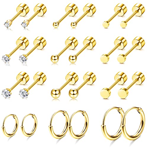 FASACCO Small Tiny Stud Flat Back Earring Gold Studs 18K Stainless Steel Earring Sets for Multiple Piercing Cartilage Hoop Earrings