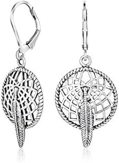 Native American Dream Catcher Nature Feather Leaf Dangle Earrings Western Jewelry For Women Teens .925 Sterling Silver Oxidized Two Tone Lever Back
