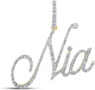 10K Yellow Gold Nugget Necklace Pendant with Genuine White Diamond for Women, Round Nia Name Design