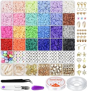 Gionlion Clay Beads Necklace Making Kit in 24 Color Polymer Design, Complete with Charms & Elastic Strings, Perfect Craft Gift for Kids Ages 3 & Up, Fun Jewelry Shaping & Designing Set