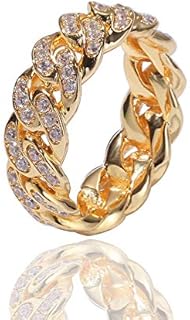 18K Gold-Plated Cuban Link Chain Ring with Cubic Zirconia. Iced Out Hip-Hop Style, Size 6 for Men and Women