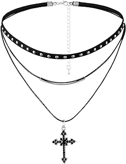 MILAKOO Women's Multilayered Leather Choker Necklace with Gothic Charms Pendant and Zinc Cable Chain - Statement Goth Boho Gift