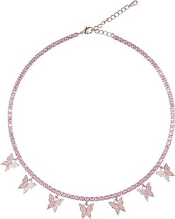 Dainty Butterfly Choker Necklace - Gold/Rose Gold/Silver Plated 3mm Bling Iced Out Cubic Zirconia Tennis Chain With Butterfly Charm/Square CZ 14inch+2inch