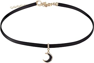 FJ Moon Pendant Black Leather Choker Necklace with durable Lobster Clasp and Cable Chain for Women, Girls and Teens