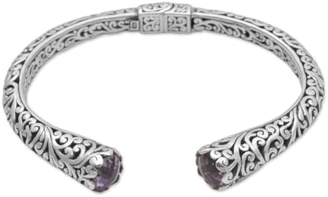 NOVICA Artisan Amethyst Cuff Bracelet and 925 Sterling Silver Spiral Motif Purple Indonesia Birthstone [6.25 in L (end to End) x 0.3 in W] ' Spiral Engagement'