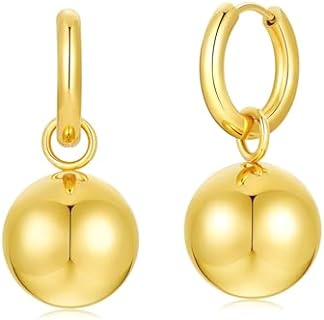 Gold Ball Hoop Earrings for Women 18K Gold Puffy Ball Dangle Earrings for Women Chunky Ball Drop Earrings Golden Ball Hanging Earrings Jewelry Gift