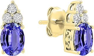 14K Yellow Gold Push-Back Oval Tanzanite and Round Diamond Stud Earrings for Women, Elegant Design