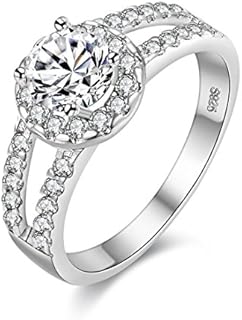 Split Shank Platinum-Plated Cubic Zirconia Engagement Ring for Women with Round Design, Uloveido J510