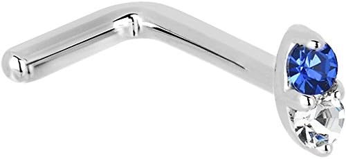 "L-Shaped" Genuine Blue Sapphire and White Diamond Nose Stud in Solid 14k White Gold For Piercing Enthusiasts - Elegant Marquise Design