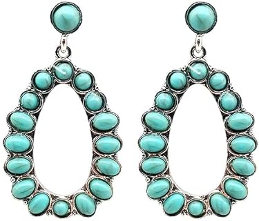 Western Turquoise Oval Hoop Earrings for Women Faux Turquoise Beaded Waterdrop Earrings Boho Country Cowgirl Earrings Silver Teardrop Dangle Earrings