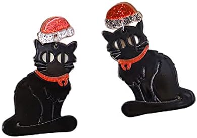 Whimsical Grinch Engagement Ring with Push-Back Feature: Xmas Cat Animal Earrings - Lightweight, Big Charms, Festive Black Acrylic Design - Perfect Holiday Jewelry Gift for Pet-lovers & Women
