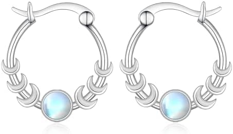 925 Sterling Silver Moonstone Hoop Earrings with Latch Back for Women, Triple Goddess Design