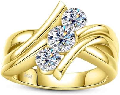 Moissanite 3 Stone Engagement Rings 2cttw D Color VVS1 Round Cut 14K Yellow Gold Plated 925 Sterling Silver Promise Anniversary Wedding Rings for Women