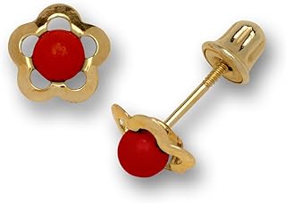 Jewelryweb Solid 14k Gold Small Created Turquoise or Coral Daisy Flower Post Stud Screw-back Earrings (5mm)