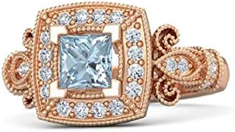 925 Sterling Sliver Princess Cut Aquamarine & CZ Diamond Vintage-Inspired Dauphine Engagement Wedding Bridal Ring