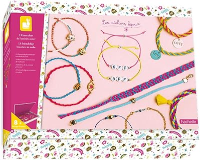 Janod - Coffret 13 Bracelets de l'Amitié à Créer avec Perles Fluo et Breloques, Taille Unique, Idéal pour Enfants dès 8 Ans, Pour Développer Motricité et Créativité