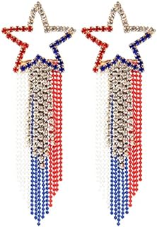4th of July Tassel Earrings Star Ear Stud Pave Crystal Dangle Earrings Boho Waterfall Fringe Drop Earring for Women Girls Independence Day Gift