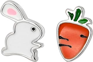 coadipress Bunny Carrot Stud Earrings for Women Girls Lovely Lifelike Funny Enamel White Pearl Animal Rabbit Asymmetric Statement Earrings